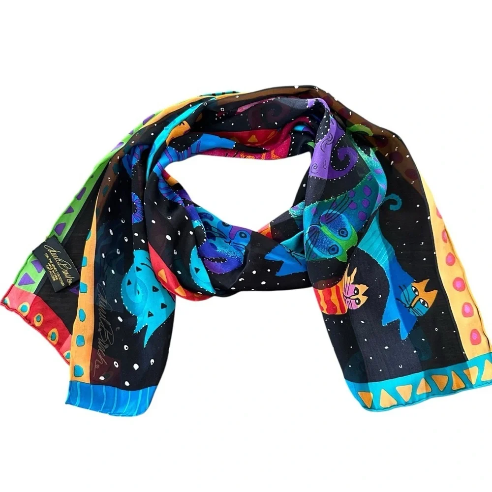 Laurel Burch‎ For The Honey Collection 100% Silk Cat Print Scarf Black Colorful